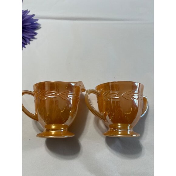 Vintage Fire-King Peach Lustre Creamer & Sugar Set With Laurel Pattern - Picture 8 of 8